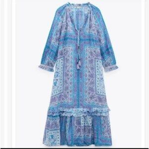 ZARA BLOGGER FAVE SERINA MIDI MAXI DRESS BLUE PAISLEY BOHO FLOWY PEASANT RESORT